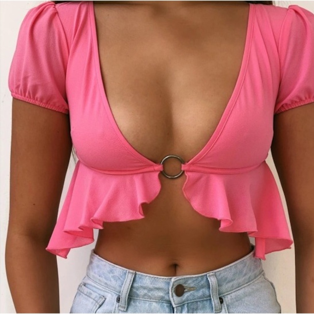 Tiger Mist Crop Top Women's Small‎ Pink O Ring Ruffles Peplum Coquette